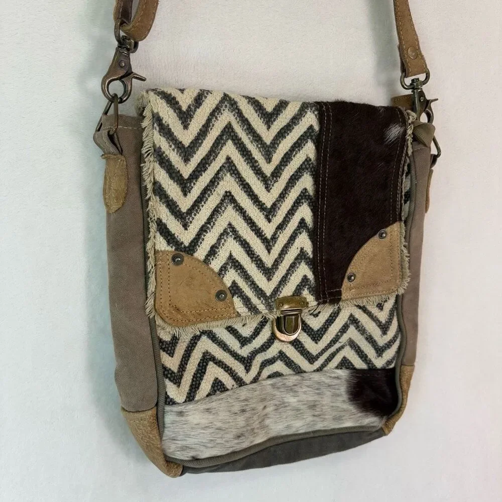 Myra Bag Grey Zig Zag with Fur Detail Flap‎ Closure Crossbody Purse